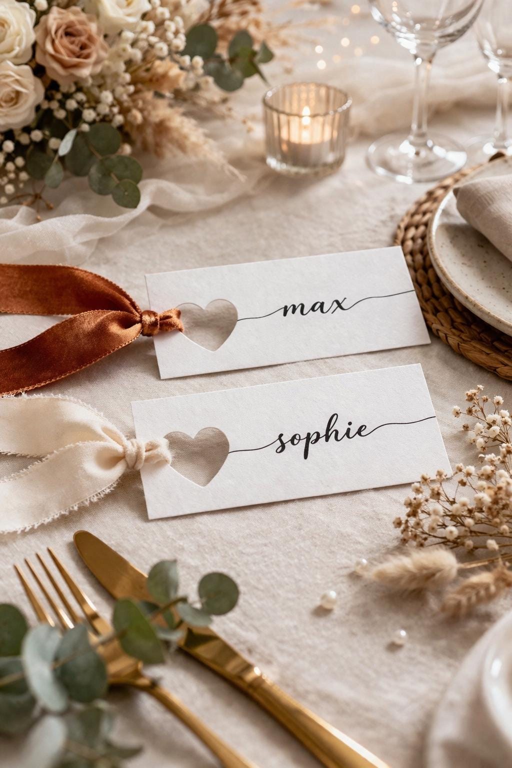Personalisierbares Namensschild aus Band | Seidenband als Namensschild | für Hochzeiten, Events | Individueller Schriftzug | Deko